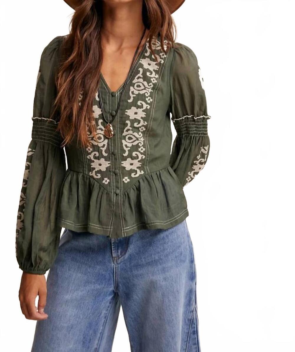 NEW LISTICLE embroidered peplum blouse in deep green